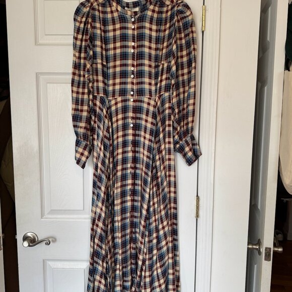 NWT DÔEN Edlynne Plaid Balloon-Sleeve Midi-Dress Size M - Picture 3 of 4